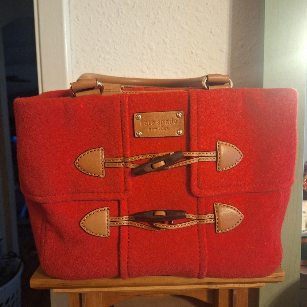 Red Wool Messenger Bag with Leather Accents